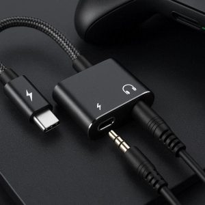 Type C Dual Audio Charging Adapter Splitter 3.5mm Headphone Jack with 60W PD Fast Charging Converter for Gaming